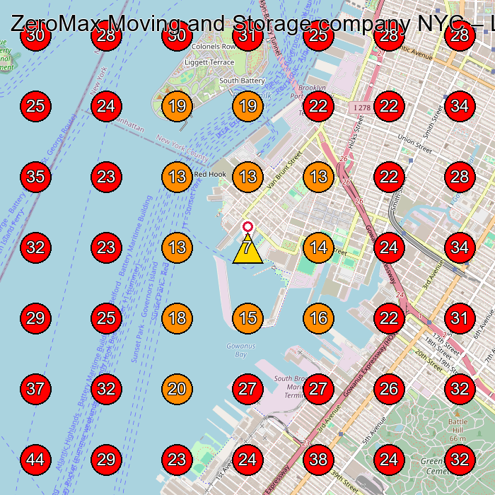 ZeroMax Moving and Storage company NYC GeoGrid visibility map for Moving Company in Brooklyn